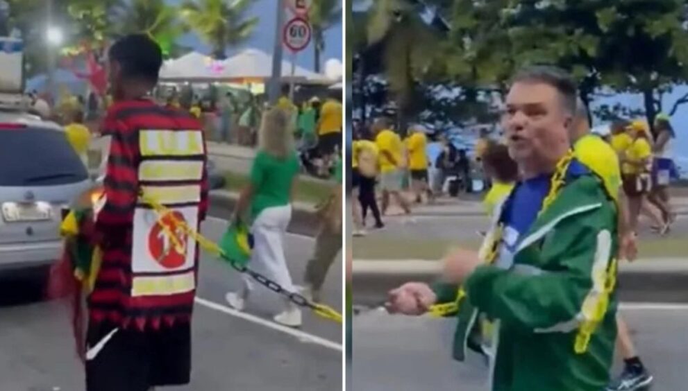 bolsonarista-conduz-homem-negro-acorrentado-e-vestido-de-pt-durante-ato;-veja-video